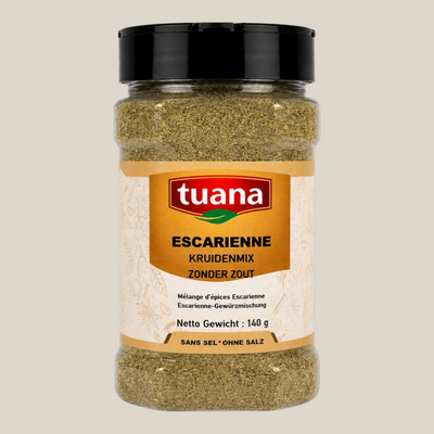 TuanaShop BV Escarienne kruidenmix zonder zout in een doorzichtige kruidenpot met zwarte dop