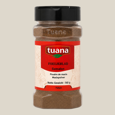 TuanaShop BV pot met gemalen foelie, een aromatisch kruidenpoeder voor soepen, sauzen en stoofschotels.