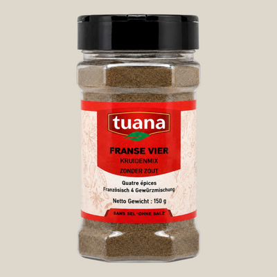 TuanaShop BV Franse Vier Kruiden mix in een doorzichtige kruidenpot met zwart deksel en rood etiket.