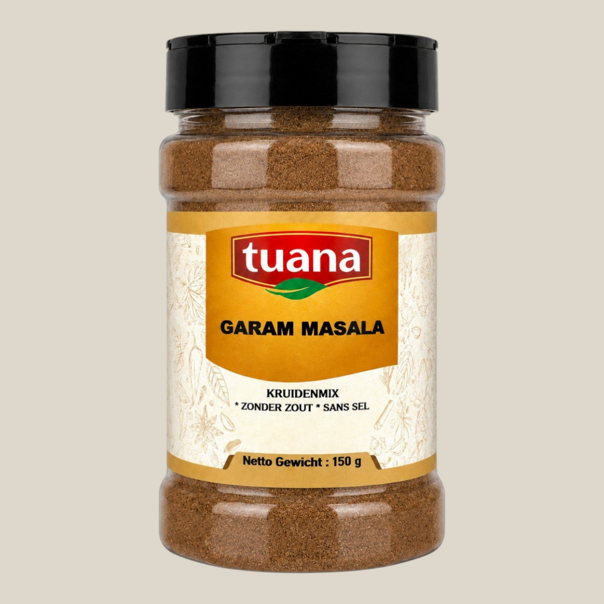 TuanaShop BV Garam Masala kruidenmix in een transparante pot met zwart deksel voor authentieke Indiase gerechten.