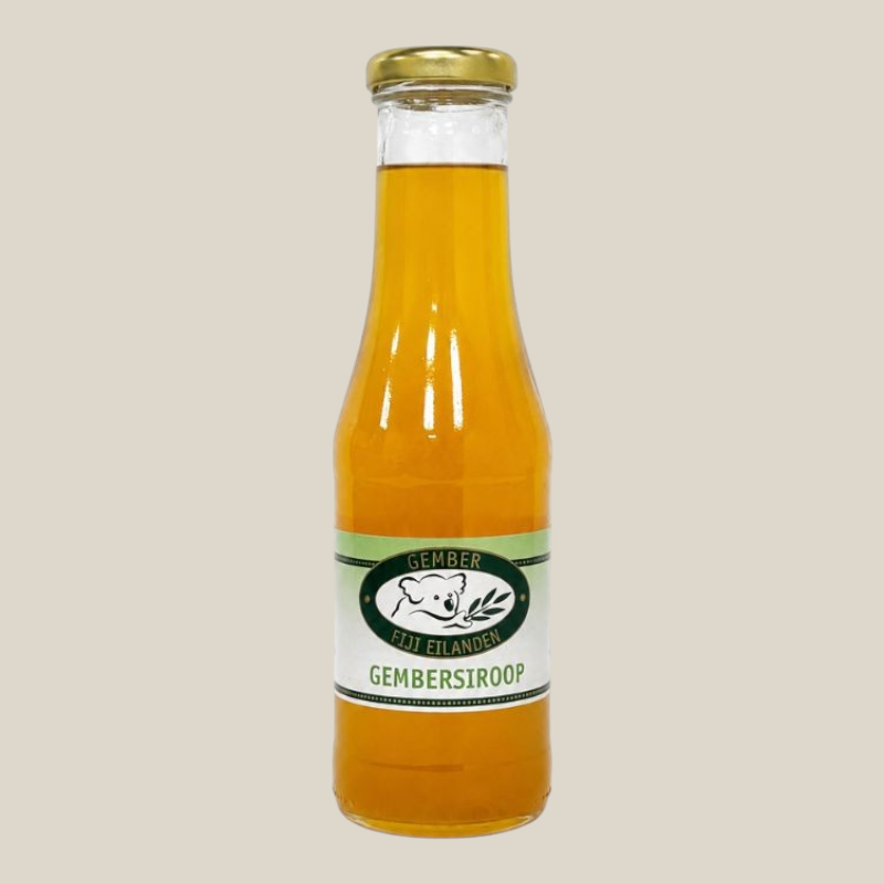 TuanaShop BV gembersiroop uit Fiji Eilanden in een glazen fles van 300 ml met een goudkleurige dop