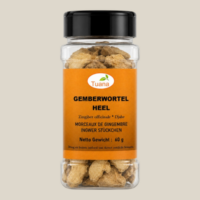TuanaShop BV pot met hele gedroogde gemberwortel voor een pittige en aromatische smaak in gerechten.