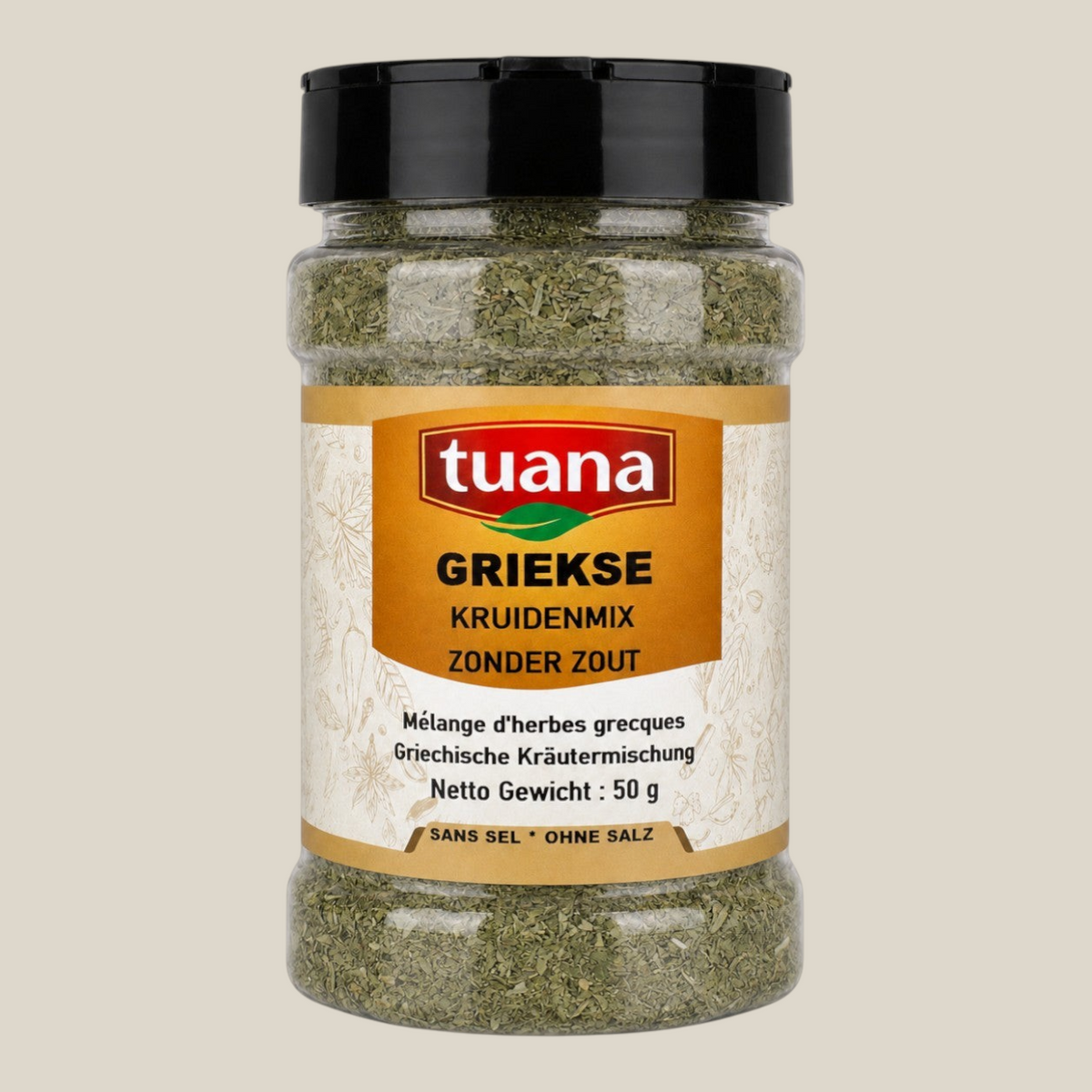 TuanaShop BV Griekse kruidenmix zonder zout in een doorzichtige kruidenpot met zwart deksel.
