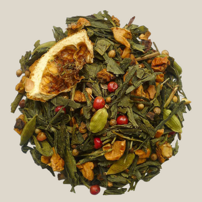 TuanaShop BV groene chai thee met sencha, kaneel, sinaasappel, kardemom en roze peper in een losse theemix.
