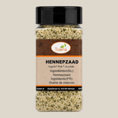 TuanaShop BV gepeld hennepzaad in een doorzichtige voorraadpot met zwarte dop voor een gezonde voeding.