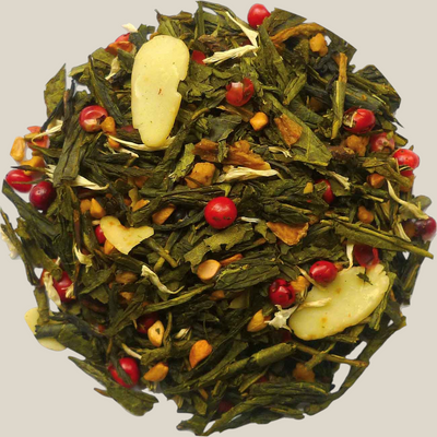 TuanaShop BV Holy Night kerstthee melange met groene thee, amandelsnippers, roze peper en feestelijke specerijen.