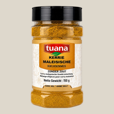 TuanaShop BV pot met Maleisische kerriemix, een goudgele kruidenmix voor curry's en stoofgerechten.