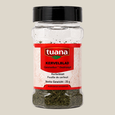 TuanaShop BV pot met gedroogd en gesneden kervelblad voor een verfijnde anijsachtige smaak in gerechten.