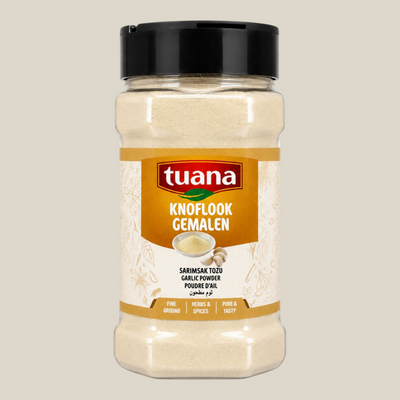 TuanaShop BV knoflookpoeder in een doorzichtige kruidenpot met zwarte dop en beige etiket