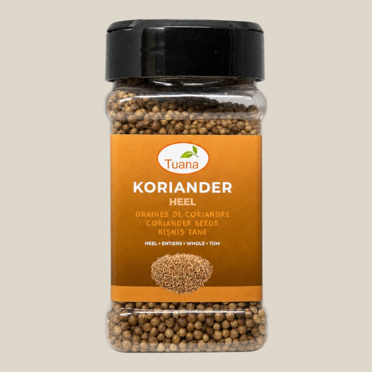 TuanaShop BV pot met hele korianderkorrels, ook wel ketoembar genoemd, voor een aromatische en citrusachtige smaak.