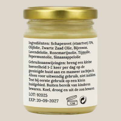 TuanaShop BV schaapstaartvet crème in een glazen pot met ingrediëntenlijst en gebruiksaanwijzing op het etiket.