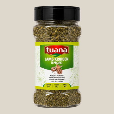 TuanaShop BV Lams Kruidenmix Special in een doorzichtige kruidenpot met zwarte dop voor lamsvleesgerechten.