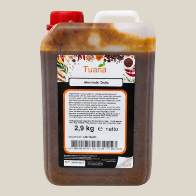 TuanaShop BV India Marinade in een grote doorzichtige jerrycan van 2,9 kg met een rood deksel en etiket.