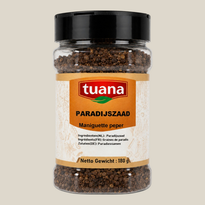 TuanaShop BV pot met Paradijszaad of Maniguette peper, een aromatische specerij voor stoofschotels en vleesgerechten.