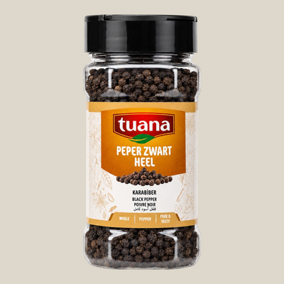 TuanaShop BV pot met hele zwarte peperkorrels voor een krachtige en aromatische smaak in gerechten.