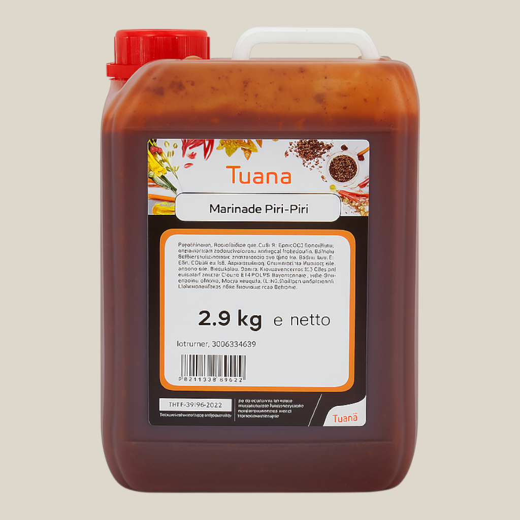 TuanaShop BV Piri Piri marinade in een grote 2,9 kg jerrycan met rode chilipepers en kruiden voor vlees en vis