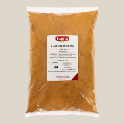 TuanaShop BV Pumpkin Spice Mix in een transparante verpakking met bruine kruidenpoeder voor herfstige baksels.