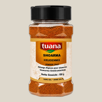 TuanaShop BV pot met shoarma kruidenmix zonder zout, een aromatische specerijenmix voor vlees en kip.