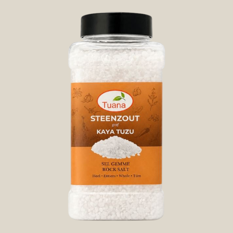 TuanaShop BV grof steenzout in een doorzichtige 1000g verpakking met zwarte dop voor een pure en volle smaak.