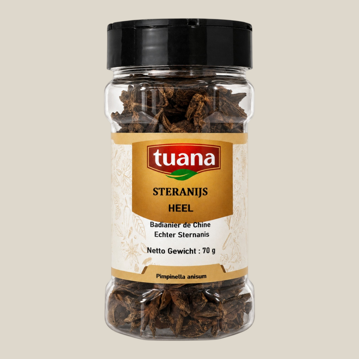 TuanaShop BV hele steranijs in een doorzichtige kruidenpot met zwart deksel voor aromatische gerechten en dranken