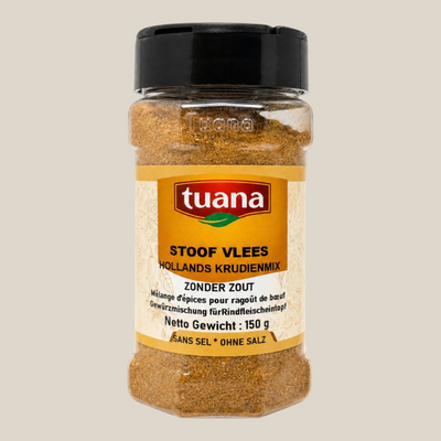 TuanaShop BV Hollandse Stoof Kruiden mix in een doorzichtige pot met zwarte dop voor traditionele stoofgerechten