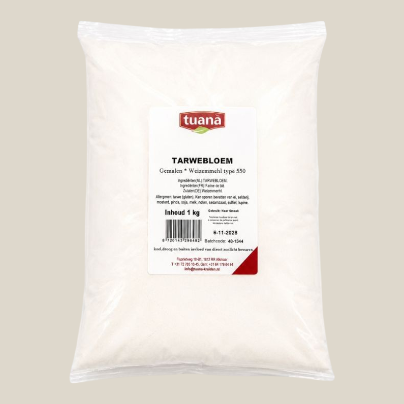 TuanaShop BV tarwebloem type 550 in een transparante verpakking van 1kg voor brood, pizza en gebak