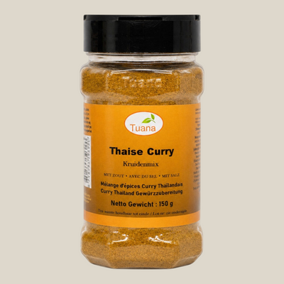TuanaShop BV Thaise Curry kruidenmix in een transparante strooibus van 150g met een oranje etiket.