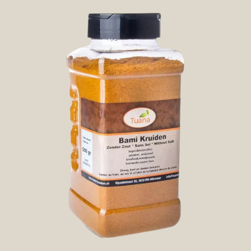 TuanaShop BV Bami Kruidenmix in een vierkante kunststof pot voor authentieke Aziatische bami gerechten.