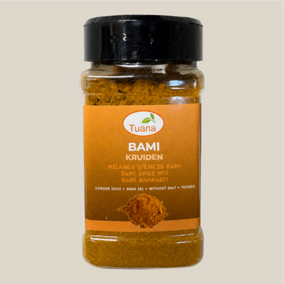 TuanaShop BV Bami Kruidenmix in een doorzichtige kruidenpot met zwart deksel voor Aziatische gerechten.