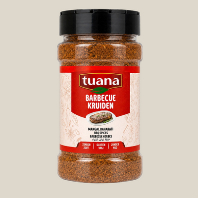 TuanaShop BV Barbecue Kruiden Speciaal in een doorzichtige kruidenpot met zwarte dop voor vlees en groenten