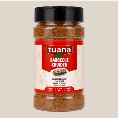TuanaShop BV Barbecue Kruiden Speciaal in een doorzichtige kruidenpot met zwarte dop voor vlees en groenten