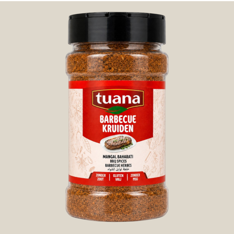 TuanaShop BV Barbecue Kruiden Speciaal in een doorzichtige kruidenpot met zwarte dop voor vlees en groenten