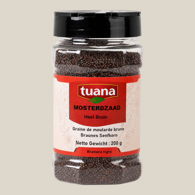 TuanaShop BV pot met heel bruin mosterdzaad voor een pittige en aromatische smaak in gerechten