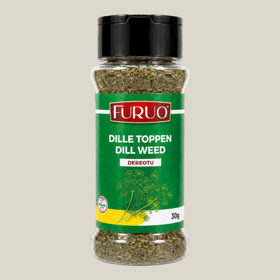 TuanaShop BV potje Furuo dille toppen met gedroogde kruiden en zwarte schroefdop op een neutrale achtergrond