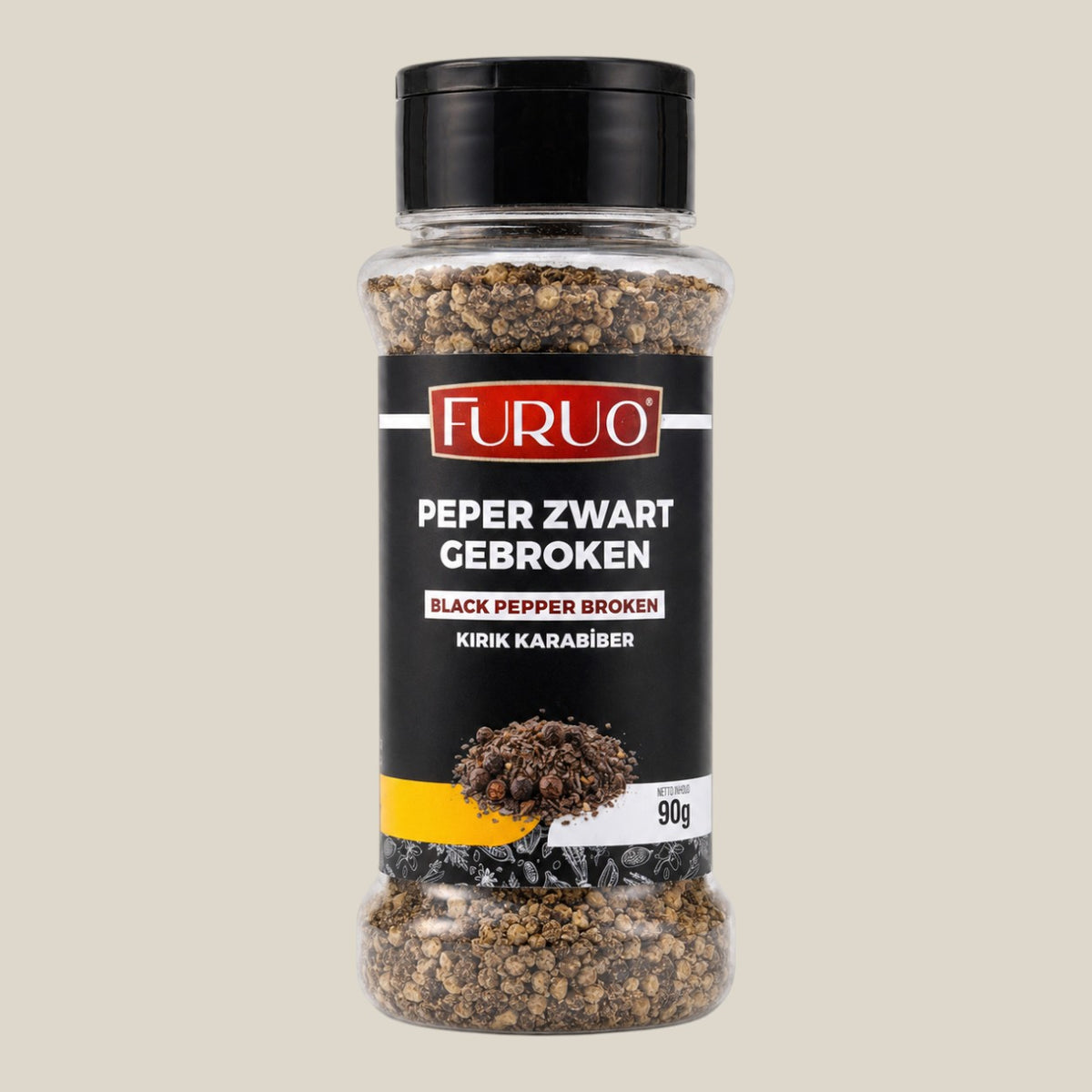 Furuo gebroken zwarte peper in een doorzichtige kruidenpot van TuanaShop BV voor een intense pittige smaak.