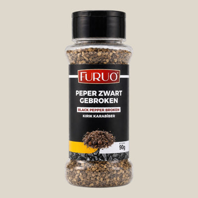 Furuo gebroken zwarte peper in een doorzichtige kruidenpot van TuanaShop BV voor een intense pittige smaak.