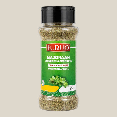 TuanaShop BV Furuo gesneden en gedroogde majoraan in een doorzichtige kruidenpot van 25 gram