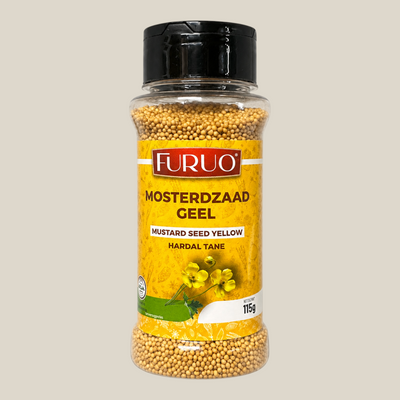 TuanaShop BV Furuo geel mosterdzaad in een transparante kruidenpot van 115 gram met een zwart deksel