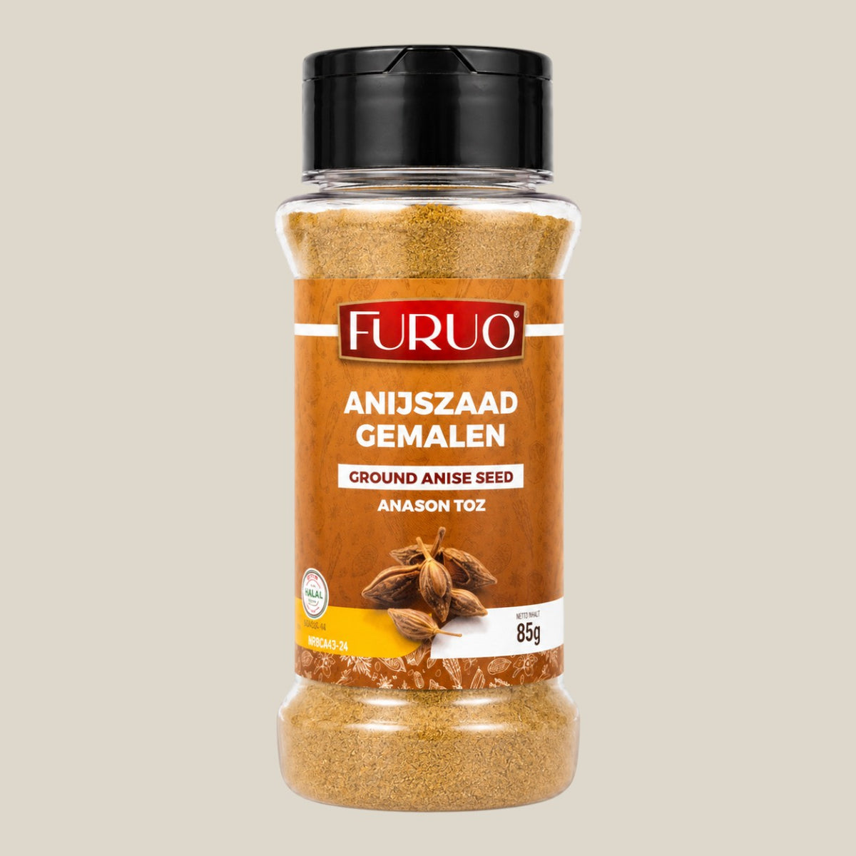 TuanaShop BV Furuo gemalen anijszaad in een transparante kruidenpot met zwarte dop voor bakken en koken