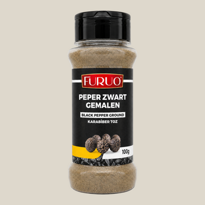 Furuo gemalen zwarte peper in een 100g strooibus van TuanaShop BV voor dagelijks gebruik in hartige gerechten.