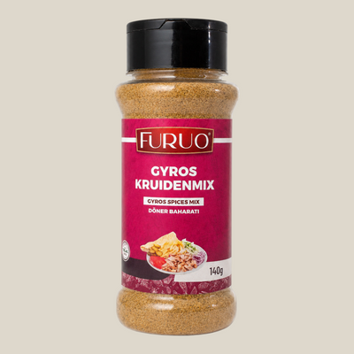 TuanaShop BV Furuo Gyros Kruidenmix in een transparante strooibus met rood etiket voor authentieke Griekse smaken