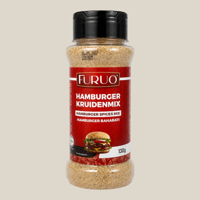 TuanaShop BV Furuo Hamburger Kruidenmix in een doorzichtige strooibus met rode wikkel en afbeelding van een burger