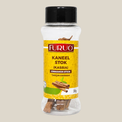 TuanaShop BV Furuo kaneelstokjes cassia in een doorzichtige kruidenpot met geel etiket