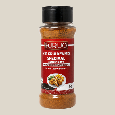 TuanaShop BV Furuo Kip Kruidenmix Speciaal, een zoutloze kruidenmix voor kip in een handige strooibus van 85 gram.
