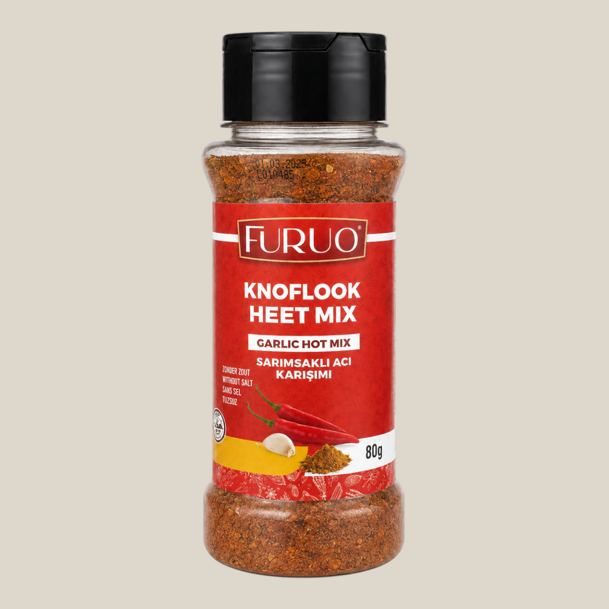 Furuo Knoflook Heet Mix kruiden in een doorzichtige strooibus van TuanaShop BV met rode verpakking en chilipepers