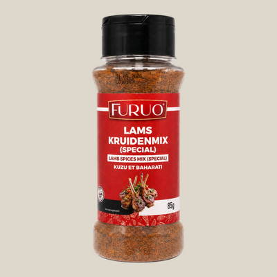 TuanaShop BV Furuo Lams Kruidenmix Special in een doorzichtige kruidenpot met zwarte dop voor lamsvlees