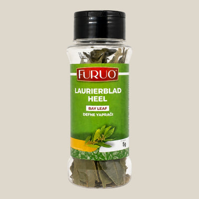 TuanaShop BV Furuo gedroogde laurierbladeren in een doorzichtige kruidenpot van 5 gram