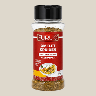 TuanaShop BV Furuo omelet kruiden in een transparante strooibus met rode wikkel en gedroogde kruidenmix
