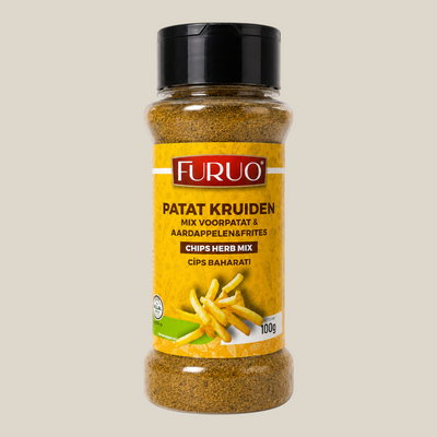 TuanaShop BV Furuo patatkruiden in een transparante strooibus met knoflook, kurkuma en komijn voor verse friet