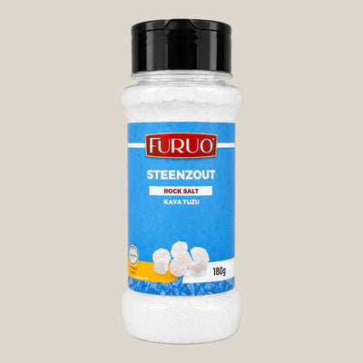 TuanaShop BV Furuo steenzout in een doorzichtige strooibus met zwarte dop voor in de keuken
